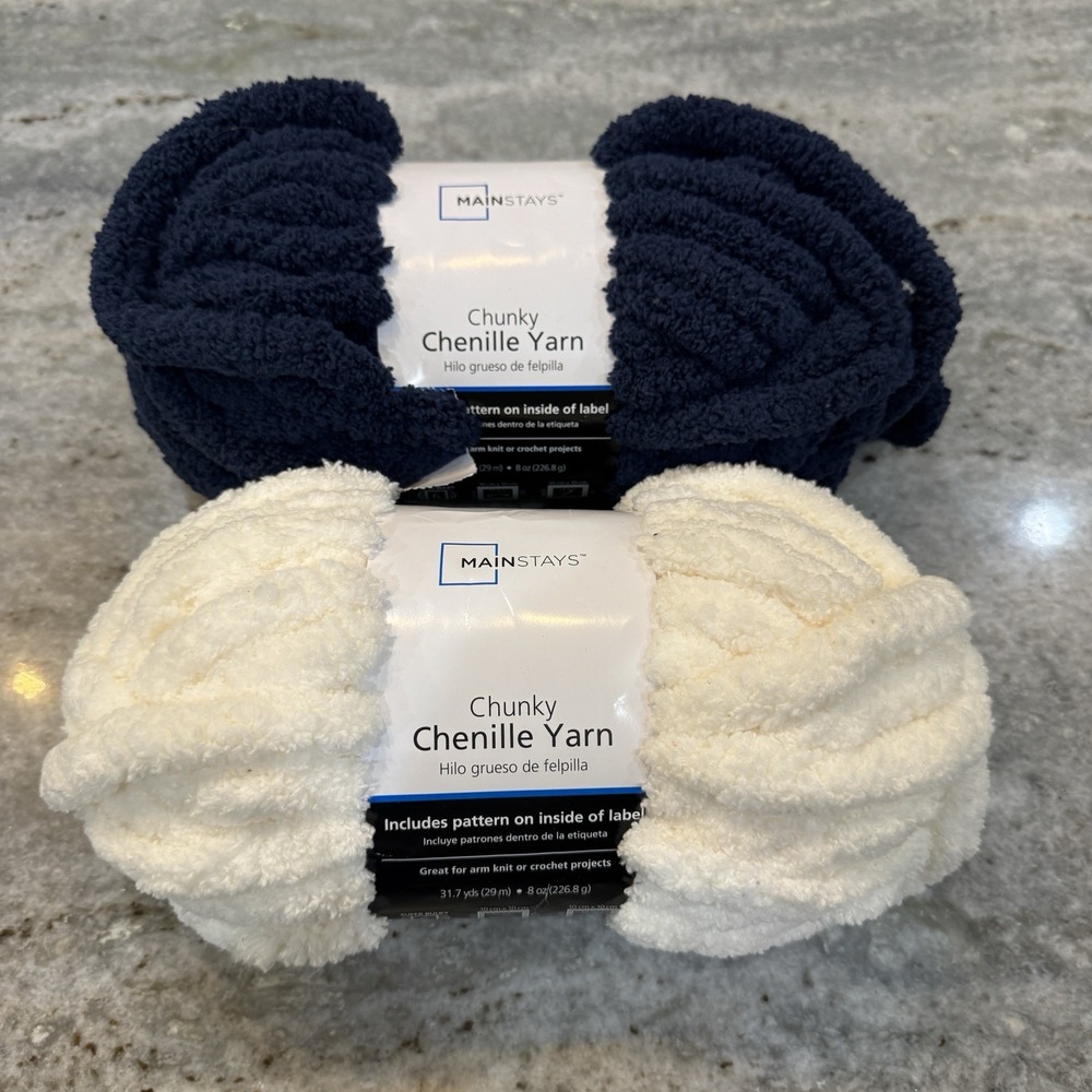 NEW Mainstays Chenille Chunky Yarn Lot Ivory Navy Crochet Arm Knit Super Bulky 6